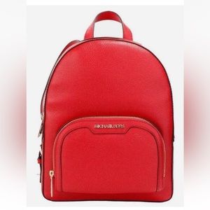 New Michael Kors Jaycee Medium Zip Pocket Backpack Leather Bright Red